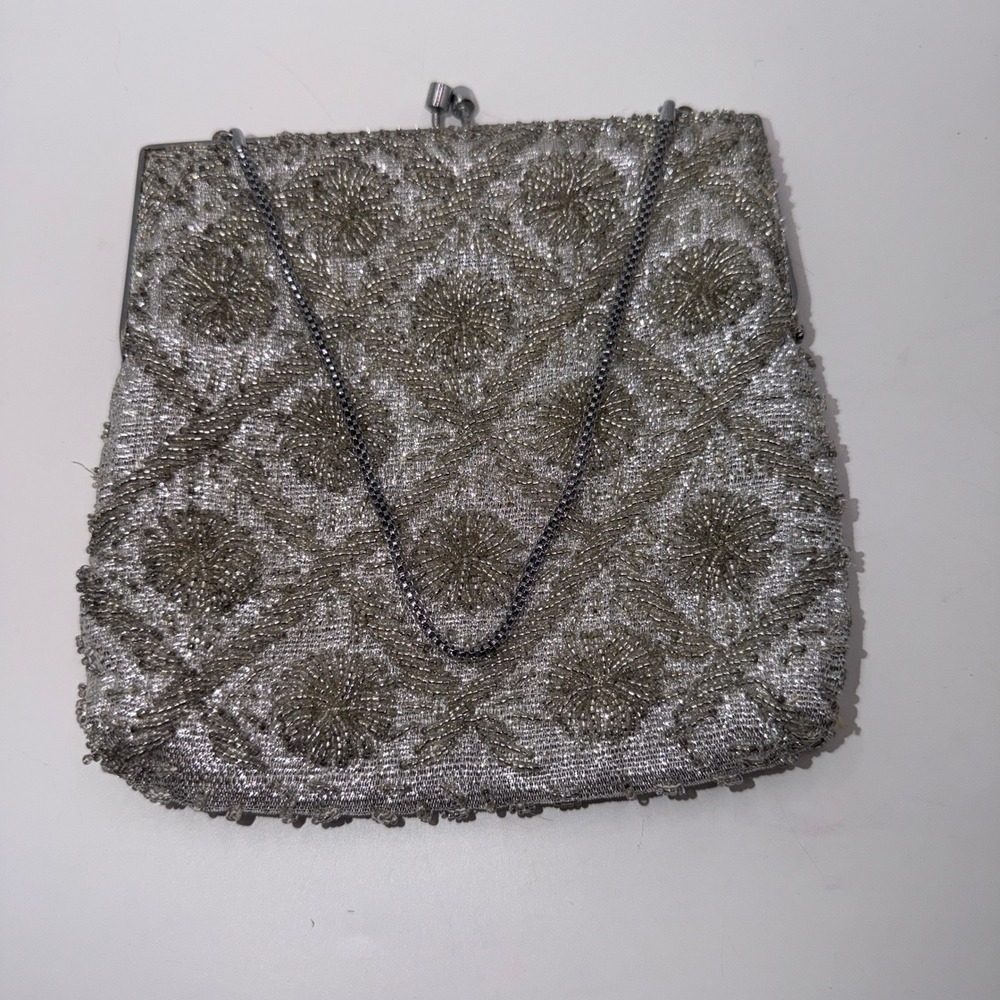 Silver Beaded Floral Evening Bag Vintage Glam Coquette Old Hollywood